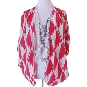 Lush Kimono Orange & Cream Open Front Short Sleeve Casual Cover Up with Necklace